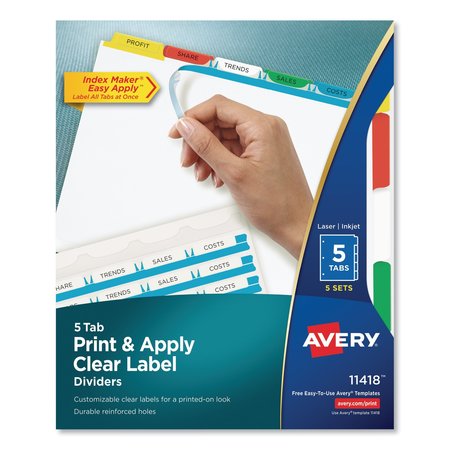 AVERY DENNISON Printable Index Dividers, 5 Tabs, Clear with Color 11418